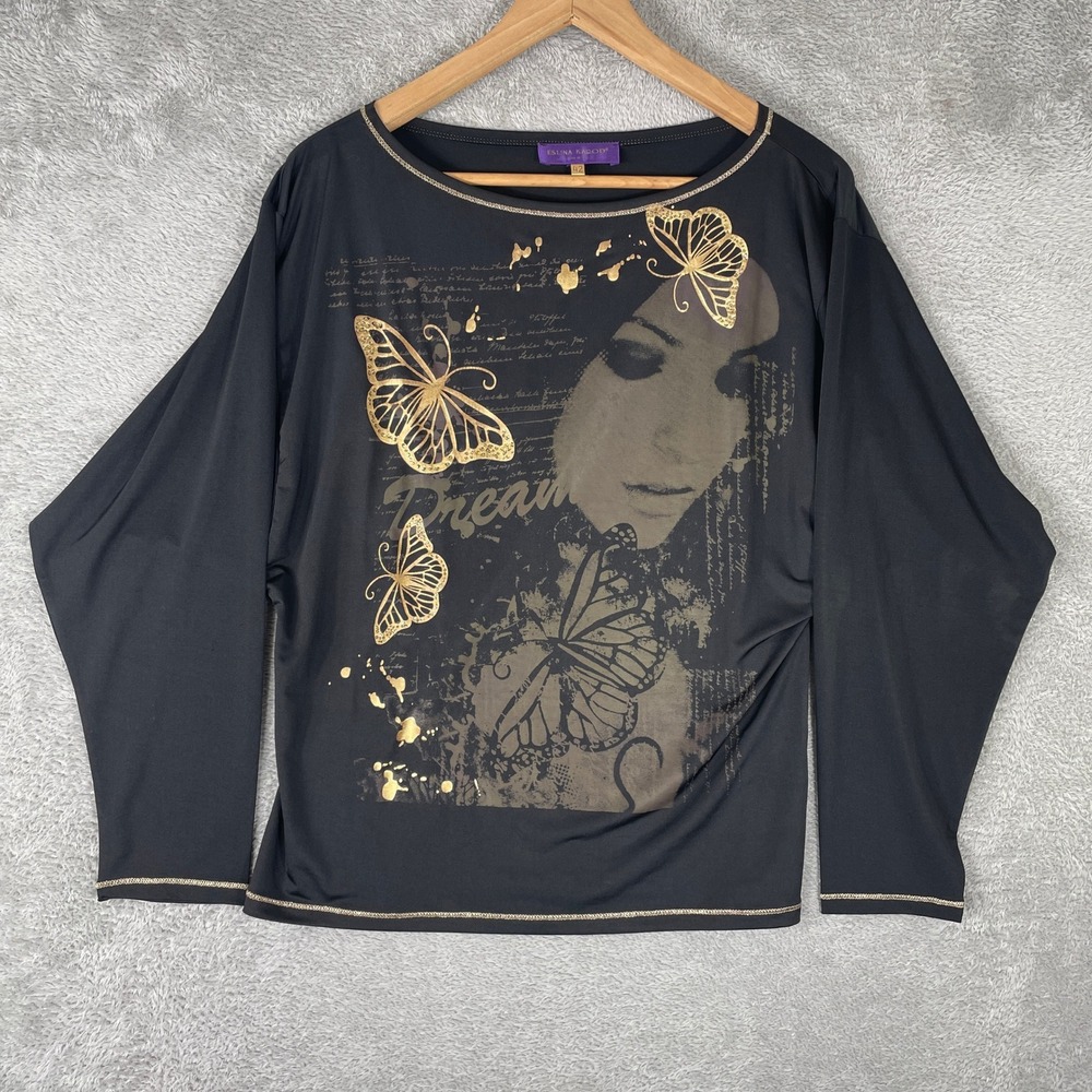 Eslina Karop Top Womens Medium Black Gold Butterfly Vintage Y2K Italy